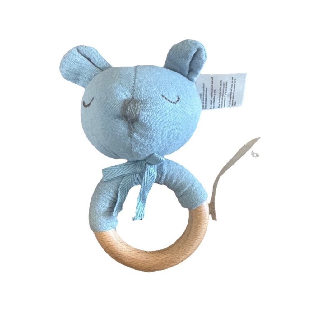 Elegant Baby Organics Blue Gray Bear Ring Rattle Plush Wood NWT